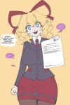  absurdres aged_up alternate_breast_size_(larger) alternate_costume blonde_hair blue_eyes bow breasts english_commentary highres large_breasts long_sleeves medicine_melancholy nail_polish necktie office_lady open_mouth pantyhose pencil_skirt red_bow red_skirt sakamuotoo short_hair skirt suit thick_thighs thighs touhou wide_hips 