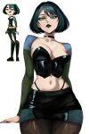  1girl absurdres arm_support black_choker black_hair black_lips black_nails black_skirt blue_eyeshadow blue_sleeves breasts brown_pantyhose bustier choker cleavage collarbone commentary detached_sleeves earrings english_commentary eyeshadow fingernails green_eyes green_hair green_sleeves gwen_(total_drama) hex_mamaso highres jewelry large_breasts long_fingernails looking_at_viewer makeup midriff miniskirt multicolored_hair navel panty_straps pantyhose reference_inset short_hair sitting skirt solo streaked_hair thighs total_drama two-tone_hair two-tone_sleeves 