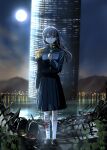  1girl absurdres arm_at_side bandaged_leg bandages black_eyes black_hair blue_jacket blue_skirt city_lights closed_mouth commentary_request epaulettes floating_building floating_hair full_body full_moon giba_ryan half-closed_eyes hand_on_own_chest highres jacket kimi_no_sensou_boku_no_hebi kneehighs lake lake_suwa light_smile long_hair long_sleeves looking_at_viewer military_jacket moon mountainous_horizon night outdoors real_world_location rebar rubble single_epaulette single_kneehigh single_sock skirt socks solo standing toukaichi_inori tower traffic_light 