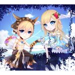  1boy 1girl abs arch_bishop_(ragnarok_online) barefoot belt black_pants black_shirt black_shoes blonde_hair blue_dress blue_eyes blue_pantyhose blue_sky blush bouquet bow braid breasts championship_belt chibi cleavage cleavage_cutout closed_mouth clothes_around_waist clothing_cutout cloud commentary cross cross_necklace cross_of_prontera dress dress_bow fishnet_thighhighs fishnets flame_print flower frilled_dress frilled_sleeves frills full_body hair_flower hair_ornament head_wings high_heels holding holding_bouquet holding_hands huahafafa jewelry juliet_sleeves long_hair long_sleeves looking_at_viewer necklace official_alternate_costume on_one_knee pants pantyhose pointy_ears puffy_sleeves purple_flower ragnarok_online red_flower red_rose rose shirt shirt_around_waist shoes short_hair sky smile sura_(ragnarok_online) thighhighs toned toned_male topless_male two-tone_dress white_dress white_wings wings yellow_bow yellow_flower 