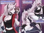  1girl animal_ears black_gloves black_shorts black_tank_top black_thighhighs breasts cellphone choker colored_sclera colored_skin commentary digitigrade english_commentary english_text fingerless_gloves full_body furry furry_female gloves grey_hair hellaverse helluva_boss highres holding holding_phone long_hair looking_at_viewer loona_(helluva_boss) medium_breasts mergremi midriff multiple_views navel phone purple_background red_sclera selfie shorts smartphone spiked_choker spikes stirrup_legwear tail tank_top thighhighs toeless_legwear topless_female white_eyes white_skin wolf_ears wolf_girl wolf_tail 