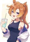  1girl amano_(amano_miko) animal_ears bare_shoulders blue_one-piece_swimsuit blush breasts collarbone covered_navel cup disposable_cup hair_between_eyes highres holding holding_cup horse_ears horse_girl jacket long_hair long_sleeves looking_at_viewer medium_breasts one-piece_swimsuit open_clothes open_jacket open_mouth orange_hair ponytail purple_eyes smile solo swimsuit t.m._opera_o_(umamusume) teeth umamusume upper_teeth_only white_jacket 
