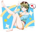  1girl absurdres arm_up barefoot bikini blue_jacket bracelet breasts cleavage collarbone commentary_request feet full_body gradient_clothes gradient_jacket green_eyes green_hair grin hair_ornament hairclip hat heart heart-shaped_eyewear highres idolmaster idolmaster_shiny_colors jacket jewelry leg_up nanakusa_nichika off_shoulder orange_bikini pink-framed_eyewear polka_dot polka_dot_bikini shinouzip short_hair short_twintails signature sitting smile solo speech_bubble spoken_heart sunglasses swimsuit teeth toes twintails visor_cap w white_hat wristband 