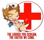  1boy :d ;d alternate_costume animification antenna_hair blue_gloves brown_hair chest_hair chibi chibi_only cigarette commentary cross crossdressing crossdressing_(mtf) dress eddsworld english_text fang flipped_hair gloves grey_eyes hair_behind_ear hair_ears hat heart_pasties high_heels highres holding holding_cigarette jitome kreslikss looking_at_viewer male_focus nurse nurse_cap one_eye_closed open_clothes open_dress outstretched_hand pasties pectorals raised_eyebrow red_cross red_shoes sexualized_chibi sexually_suggestive shoes short_hair simple_background smile smoke smoking socks thick_eyebrows thigh_strap tord_(eddsworld) white_background white_dress white_hat white_socks 