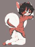  anthro backsack balls black_hair black_nose butt canine claralaine cub cute_fangs dog fur hair kneeling looking_back male mammal open_mouth penis red_eyes red_fur solo white_fur white_penis young 