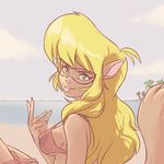  2017 anthro beach bikini blonde_hair breasts callie_briggs cat clothed clothing eyewear feline female glasses green_eyes hair looking_at_viewer mammal plagueofgripes seaside smile solo swat_kats swimsuit tongue tongue_out tree 