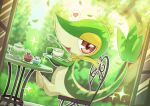  brown_eyes chair cup green_tea heart highres holding holding_cup holding_plate looking_at_viewer no_humans open_mouth oshawott plate pokemon pokemon_(creature) runachikku sitting snivy solo sparkle tea teapot tepig 