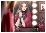  1girl blush bottle bouquet bracelet braid breasts brown_hair closed_mouth commentary commission dorothea_arnault dorothea_arnault_(timeskip) dress earrings english_commentary fire_emblem fire_emblem:_three_houses flower green_eyes highres ihsnet indoors jewelry large_breasts long_hair looking_at_mirror makeup makeup_brush mirror perfume_bottle picture_frame red_dress red_lips red_nails reflection reflection_focus smile 