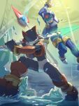  1boy 1girl android armor blue_armor blue_eyes blue_helmet clash commentary_request duel dynamic_pose energy_blade fairy_leviathan_(mega_man) forehead_jewel helmet holding holding_polearm holding_weapon mega_man_(series) mega_man_zero_(series) mega_man_zero_1 omochi_(mochi_skymega) polearm red_armor red_helmet spear weapon zero(z)_(mega_man) zero_(mega_man) 