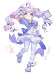  1girl absurdres ahoge blue_archive blush bow commentary_request curly_hair dress dress_bow drill_hair earrings frilled_dress frills full_body gloves hair_ornament halo hand_on_own_hip hand_to_head highres jewelry layered_dress long_hair magical_girl multicolored_dress multicolored_hair pantyhose pink_hair puffy_sleeves purple_dress purple_eyes purple_hair purple_pantyhose purple_shoes reisa_(blue_archive) reisa_(magical)_(blue_archive) ribbon shoes short_dress short_sleeves simple_background smile solo star_(symbol) star_earrings star_hair_ornament star_halo striped_clothes striped_pantyhose tokage_(pr) twin_drills twintails two-tone_hair v white_dress white_gloves wing_hair_ornament yume_kawaii 