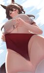  1boy 1girl absurdres alternate_size animal_ears ass_visible_through_thighs blue_sky breasts brown_hair buruma buruma_pull clothes_pull cloud cloudy_sky commentary cowboy_shot cropped_shirt curvy day double-parted_bangs gentildonna_(umamusume) giant giantess groin hair_between_eyes highres holding holding_mini_person horse_ears horse_girl horse_tail huge_breasts long_hair looking_at_another looking_down midriff_peek mini_person no_bra outdoors parted_lips red_buruma red_eyes red_trim shirt short_sleeves size_difference sky smile solo_focus tail team_spica's_trainer thick_thighs thigh_gap thighhighs thighs tracen_training_uniform trainer_(umamusume) uboatchi umamusume underboob white_shirt white_thighhighs wide_hips 