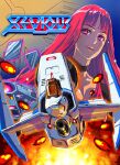  1girl bacura_(xevious) black_choker cannon choker closed_mouth commentary_request copyright_name eve_(xevious) explosion firing long_hair looking_at_viewer matsudo_aya oekaki projected_inset red_eyes red_hair smile solvalou_(xevious) spacecraft xevious 