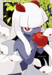  1girl apple bright_pupils colored_skin commentary copyright_name food fruit grey_skin highres holding holding_food holding_fruit long_hair looking_at_viewer motoiwork pal_(creature) palworld red_eyes snake_hair solo upper_body venusa white_hair white_pupils 