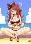  animal_ears ashitaba_tomorou bare_legs bare_shoulders beach bikini blue_sky braid breasts brown_hair choker cloud day ears_through_headwear fedora flower forever_young_(umamusume) glasses green_choker green_eyes hair_flower hair_ornament hat holding holding_instrument holding_ukulele horse_ears horse_girl instrument long_hair multicolored_hair ocean open_mouth outdoors playing_instrument sandals sitting_on_log sky streaked_hair swimsuit ukulele umamusume 