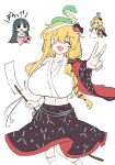  <|>_<|> 2girls alternate_color alternate_hair_color bandage_over_one_eye bandaged_arm bandaged_fingers bandaged_leg bandages black_eyes blonde_hair breasts brown_skirt cellphone cleavage closed_eyes commentary_request deetamu detached_sleeves frog_hair_ornament gohei hair_ornament hair_tubes highres holding holding_gohei holding_phone houraisan_kaguya kochiya_sanae kochiya_sanae_(human-deity_duality) large_breasts midriff multiple_girls navel open_mouth phone red_sleeves simple_background single_hair_tube skirt smartphone smile snake_hair_ornament touhou touhou_lostword translation_request v white_background 