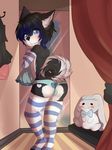  anthro black_fur black_hair blue_eyes blue_fur blush bulge butt canine caught claralaine clothed clothing crossdressing cub digital_media_(artwork) dog fitting_room fur girly hair hi_res husky inside kino_strife legwear looking_at_viewer looking_back male mammal mirror multicolored_fur multicolored_hair panties plushie socks solo standing stockings striped_armwear striped_footwear striped_legwear stripes thigh_socks toeless_socks two_tone_fur two_tone_hair underwear white_fur young 