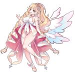  +_+ 1girl alternate_costume blonde_hair blush bottomless braid breasts cape commentary_request cross-shaped_pupils designori detached_wings dress erpin_(trickcal) fang highres humanization jewelry korean_commentary large_breasts long_hair looking_at_viewer open_mouth red_cape red_eyes smile solo symbol-shaped_pupils thighlet trickcal twin_braids twintails very_long_hair white_dress wings 