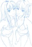  2girls barefoot bikini blue_theme breasts choppy_bangs cleavage collarbone commentary_request feet feet_out_of_frame hair_between_eyes halterneck iganin_r inoue_takina long_hair looking_at_viewer lycoris_recoil medium_hair monochrome multiple_girls navel nishikigi_chisato side-tie_bikini_bottom simple_background small_breasts standing string_bikini swimsuit tongue tongue_out triangle_bikini_top unfinished white_background 