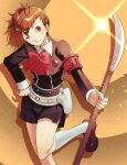  1girl black_skirt bow brown_hair brown_shoes commentary_request gekkoukan_high_school_uniform highres holding holding_polearm holding_weapon loafers long_sleeves one_eye_closed persona persona_3 persona_3_portable polearm red_bow red_eyes school_uniform shiny_skin shiomi_kotone shirt shoes short_hair skirt socks solo spear thighs weapon white_socks yutima9 