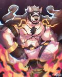  1boy abs absurdres animal_ears another_eidos-r artist_name bara beard biceps black_headband bulge chest_hair dylan_(dylarts) english_commentary facial_hair full_house_(another_eidos) furry furry_male grey_fur headband highres looking_at_viewer male_focus muscular muscular_male navel nipple_chain nipples pants pectorals smile squatting white_pants wolf_boy wolf_ears 