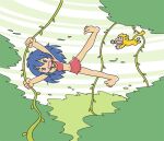  1girl animal bare_arms bare_legs bare_shoulders barefoot blue_eyes blue_hair chibi commentary_request day holding jungle kabiinyo_(kab) long_hair monkey nature navel open_mouth original outdoors plant solo vines wavy_mouth wind 