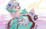  1girl apron back belt black_shoes blue_bow blue_eyes blush bow commentary densetsu.exe detached_sleeves dress footwear_bow frilled_dress frills from_behind from_side full_body gradient_hair green_dress green_hair hair_bow hair_ornament highres looking_back maid maid_apron maid_headdress mint_fantome multicolored_hair on_floor peaceablecolt pointy_ears shoes short_hair signature sitting socks solo thigh_belt thigh_strap tile_floor tiles watermark white_hair white_socks x_hair_ornament 