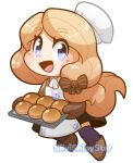  1girl :d apron artist_name blonde_hair blue_eyes blush bow bread brown_bow bun_(food) chef_hat chibi chibi_only commentary english_commentary eyelashes fire_emblem fire_emblem:_three_houses food garreg_mach_monastery_uniform hair_bow hat holding holding_tray long_hair lowres mercedes_von_martritz open_mouth outline oven_mitts silvishinystar smile solo thick_eyebrows transparent_background tray white_apron white_hat white_outline 