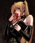  1girl amane_misa apple bare_shoulders black_choker black_dress black_lips black_nails blonde_hair book breasts choker commentary cross cross_earrings death_note death_note_(object) detached_sleeves dress ear_piercing earrings english_commentary eyelashes food fruit goth_fashion hair_between_eyes highres holding holding_book holding_food holding_fruit jewelry long_hair looking_at_viewer medium_breasts piercing red_eyes revengoi solo twintails upper_body 
