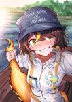  1girl animal baseball_cap blonde_hair blonde_streaks blush boat brown_hair clothes_writing colored_inner_hair cowboy_shot eel_girl eel_tail english_commentary english_text fish fishing hair_over_one_eye hat highres holding holding_animal holding_fish holding_own_tail indie_virtual_youtuber juna_unagi long_sleeves making-of_available multicolored_hair open_mouth orange_tail short_hair smile solo standing streaked_hair sweat tail teeth thinkuwu watercraft 