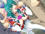  1girl 2000s_(style) 3boys antenna_hair aqua_hair ayahime_kurumi bent_over blush bow bow_panties breasts censored choker closed_eyes cum cum_in_mouth cum_in_pussy cum_on_body cum_on_clothes cum_on_hair cumdrip double_handjob dutch_angle elbow_gloves facial fellatio game_asset gangbang gloved_handjob gloves green_hair group_sex hair_ribbon hand_on_another's_head handjob hetero large_breasts lemmtear_theta long_hair magical_girl mahou_senshi_(series) mahou_senshi_lemmtear_knights mmf_threesome mosaic_censoring multiple_boys nipples non-web_source official_art open_clothes open_mouth open_shirt oral outdoors panties panties_around_one_leg penis pussy_juice rape ribbon saitou_natsuki self-datamine sex solo_focus thighhighs threesome underwear unzipped variant_set visual_novel_cg white_gloves white_panties white_thighhighs 