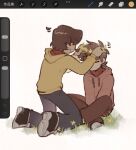  2boys alternate_costume art_program_in_frame beard_stubble belo_icey black_shoes brown_hair brown_pants casual closed_eyes commentary drawstring eddsworld facial_hair flower grass grey_pants head_wreath highres holding_head_wreath hood hood_down hoodie indian_style kneeling long_sleeves male_focus multiple_boys pants patryck_(eddsworld) paul_(eddsworld) pink_hoodie procreate_(medium) procreate_(software) red_sweater shoes short_hair simple_background sitting smile sneakers stubble sweater thick_eyebrows turtleneck turtleneck_sweater u_u white_background yellow_flower yellow_hoodie 