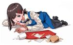  apron black_bow black_bowtie black_pants black_shoes blue_apron bow bowtie brown_eyes brown_hair burger chainsaw_man cheese collared_shirt commentary cup disposable_cup english_commentary food french_fries hair_ornament hairclip higashiyama_kobeni long_hair long_sleeves looking_at_viewer mole mole_above_mouth mole_under_eye multiple_hairclips on_floor open_mouth pants ponytail shiren_(ourboy83) shirt shoes simple_background tray white_background white_shirt 