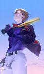  1boy baseball_bat baseball_uniform belt black_belt black_gloves brown_eyes brown_hair closed_mouth commentary_request compression_shirt covered_abs covered_navel covered_pectorals daiya_no_ace gloves goggles hat highres hip_bones holding holding_baseball_bat holding_unworn_clothes holding_unworn_hat jacket male_focus miyuki_kazuya open_clothes open_jacket pants pectorals polypumb_fr sideburns solo sportswear sweat tight_clothes tight_pants toned toned_male track_jacket unworn_hat unworn_headwear white_pants 