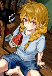  1girl arm_at_side arm_support barefoot beabo blonde_hair blue_shirt blue_shorts blush braid braided_twintails closed_mouth commentary creature crew_neck day denim denim_shorts double-parted_bangs eating food foot_out_of_frame from_above fruit gabu_(yomi_no_tsugai) hair_between_eyes hand_up highres holding holding_food holding_fruit korean_commentary leg_up long_hair looking_at_viewer looking_up outdoors plate purple_eyes shirt short_shorts short_sleeves shorts sitting solo summer t-shirt veranda water_drop watermelon watermelon_slice yomi_no_tsugai 