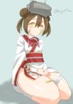  1girl bandaged_leg bandages bandaid bandaid_on_cheek bandaid_on_face bandaid_on_leg bandaid_on_thigh blue_background blush character_request closed_mouth commentary_request double_bun grey_hat hair_between_eyes hair_bun hat headband highres japanese_clothes kimono no_shoes red_sash sangue_llia sash short_hair signature simple_background smile socks solo thick_thighs thighs twintails twitter_username warship_girls_r white_headband white_kimono white_socks yellow_eyes 