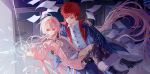  1boy 1girl black_boots blue_jacket blush boots bow breasts carrying commentary couple cup emiya_shirou fate/stay_night fate_(series) flying_paper groom hair_ornament highres jacket long_hair long_sleeves momomiya_shizuku_(gaoyue_jixiang) oc_x_canon open_clothes open_jacket open_mouth original pants paper pink_eyes pink_hair pink_jacket princess_carry second-party_source shirt skirt twintails white_shirt 