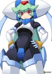  1girl absurdres android armor artist_name commentary cowboy_shot crop_top crotch_plate english_commentary forehead_jewel godichi green_hair hands_on_own_hips helmet highres long_hair looking_down mega_man_(series) mega_man_zx mixed-language_commentary model_w_(mega_man) paid_reward_available pandora_(mega_man) red_eyes simple_background solo white_armor white_background white_helmet 