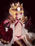  1girl armored_legwear bikini blonde_hair braid braided_base bun_with_braided_base chalice commentary_request criss-cross_halter crown cup dragon_claw dragon_tail elbow_gloves facial_mark fate/grand_order fate/grand_order_arcade fate_(series) gem gloves gold_crown hair_bun hair_intakes halterneck highres looking_at_viewer navel nero_claudius_(fate) oishii pointed_crown queen_draco_(fate) queen_draco_(second_ascension)_(fate) red_bikini red_eyes robe scales solo swimsuit tail white_gem white_gloves white_robe 