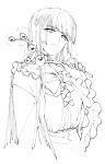  1girl blunt_bangs bow bowtie branch closed_mouth cropped_torso frilled_shirt_collar frilled_sleeves frills hand_up highres hime_cut hinabu holding holding_branch houraisan_kaguya jeweled_branch_of_hourai long_hair long_sidelocks long_sleeves looking_at_viewer shirt shirt_tucked_in sidelocks simple_background sketch skirt smile solo straight_hair touhou white_background wide_sleeves 