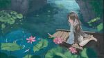  absurdres boat brown_hair commentary earrings fish flower goldfish highres jewelry jianxin_(wuthering_waves) long_hair long_sleeves looking_at_animal lotus pink_flower plant ripples rumindo scenery vines water watercraft wide_sleeves wuthering_waves yin_yang yin_yang_earrings 