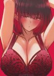  1girl absurdres armpits arms_up black_hair blunt_bangs blush bob_cut bra breasts collarbone commentary_request ganetto29 hair_behind_ear heart heart_in_eye highres large_breasts looking_at_viewer mole mole_under_each_eye mole_under_eye multiple_moles original parted_lips portrait red_background red_bra red_eyes short_hair simple_background solo symbol_in_eye underwear 