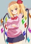  1girl alternate_costume arms_under_breasts black_skirt blonde_hair blush bow bowtie breasts collared_shirt commentary_request crossed_arms crystal crystal_wings flandre_scarlet ganon_capybara highres large_breasts long_hair long_sleeves looking_at_viewer multicolored_wings one_side_up open_mouth paid_reward_available pink_nails pink_sweater pointy_ears red_bow red_bowtie red_eyes shirt skirt solo sweater thighs touhou white_shirt wings 