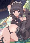  1girl absurdres armpits arms_up bikini black_bikini black_hair black_robe blue_archive bluesandesei braid braid_over_shoulder butterfly_hair_ornament chinese_commentary cleavage_cutout clothing_cutout commentary flat_chest grey_eyes grey_halo hair_ornament halo highres kisaki_(blue_archive) kisaki_(swimsuit)_(blue_archive) long_hair looking_at_viewer mixed-language_commentary navel ocean official_alternate_costume official_alternate_hairstyle oil-paper_umbrella outdoors purple-tinted_eyewear robe side_braid single_off_shoulder solo sunglasses swimsuit tinted_eyewear traditional_chinese_commentary umbrella unworn_eyewear very_long_hair 