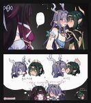  ... 3girls after_kiss ancient_egyptian_clothes antler_ornament antlers aqua_dress armlet bare_shoulders black_hair blue_dress blue_eyes blue_hair blush breasts cleavage closed_eyes closed_mouth columbina_(genshin_impact) commentary deer_antlers deer_girl dress elbow_gloves embarrassed english_commentary english_text eye_contact eye_tattoo gem genshin_impact gloves gold_jewelry green_eyes green_gem green_hair green_streaks hair_ornament hair_over_one_eye hair_ribbon head_wings headpiece heart highres horns jewelry kiss large_breasts lauma_(genshin_impact) leaf_dress long_hair long_sidelocks looking_at_another mark_under_eye mole mole_under_eye multicolored_hair multiple_girls multiple_wings nefer_(genshin_impact) nonons open_mouth pointy_ears purple_hair purple_streaks reindeer_girl ribbon ruining_the_glorious_moment saliva saliva_trail short_hair sidelocks smile spoken_ellipsis squiggle streaked_hair sweatdrop symbol-shaped_pupils tattoo triangle-shaped_pupils two-tone_hair u_u unusually_open_eyes usekh_collar very_long_hair white_dress white_ribbon white_wings wing_hair_ornament wings yuri 