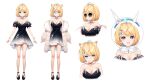  1girl absurdres antenna_hair bison_cangshu black_dress black_shoes blonde_hair blue_eyes blue_hair bracelet breasts choker cleavage closed_mouth coat colored_inner_hair cropped_torso dress earrings english_commentary fishbowl_helmet floral_print flower flower_choker full_body fur-trimmed_coat fur_trim gradient_clothes gradient_dress grin hair_flower hair_ornament head_tilt heart heart_in_eye helmet high_heels highres hoshi_fumiko hoshi_fumiko_(2nd_costume) indie_virtual_youtuber jewelry large_breasts long_sleeves looking_at_viewer multicolored_dress multicolored_hair multiple_views official_alternate_costume official_art open_mouth pink_hair reference_sheet round_eyewear second-party_source shoes short_hair short_sleeves simple_background sleeveless sleeveless_dress smile space_helmet standing sunglasses symbol_in_eye tears teeth upper_teeth_only watch white_background white_coat white_dress wristwatch 