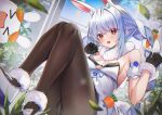  1girl :d animal_ears bare_shoulders black_gloves black_leotard black_pantyhose blue_hair braid breasts carrot_hair_ornament clothing_cutout coat coat_dress colored_shoe_soles commentary day detached_sleeves dress extra_ears food-themed_hair_ornament fur-trimmed_coat fur-trimmed_gloves fur_scarf fur_trim gloves hair_ornament hands_up highres hololive knees_up leotard leotard_under_clothes long_hair looking_at_viewer mary_janes multicolored_hair open_mouth orange_eyes pantyhose pekomon_(usada_pekora) playboy_bunny puffy_detached_sleeves puffy_short_sleeves puffy_sleeves rabbit-shaped_pupils rabbit_ears rabbit_girl scarf shoes short_eyebrows short_sleeves shuvi_(shuvi1125) sidelocks small_breasts smile solo strapless strapless_leotard symbol-shaped_pupils thick_eyebrows twin_braids two-tone_hair underboob_cutout untranslatable_commentary usada_pekora usada_pekora_(1st_costume) virtual_youtuber white_coat white_hair white_scarf white_shoes white_sleeves 