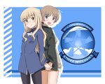  2girls ass back black_jacket black_pantyhose blonde_hair blue_eyes blue_jacket blush braid glasses jacket kaneko_(novram58) long_hair looking_at_viewer looking_back lynette_bishop military_uniform multiple_girls neckerchief no_pants open_mouth pantyhose perrine_h._clostermann single_braid standing strike_witches sweater white_neckerchief world_witches_series yellow_eyes 