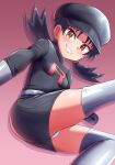  1girl absurdres belt black_dress black_hair black_hat breasts brown_eyes clenched_hand commentary_request commission dress earrings gloves grey_belt grey_gloves grey_thighhighs grin hat highres jewelry kris_(pokemon) large_variant_set long_hair looking_at_viewer maho_(corotonton5150) panties pixiv_commission pokemon pokemon_adventures shiny_skin small_breasts smile solo star_(symbol) star_earrings team_rocket team_rocket_uniform teeth thighhighs thighs twintails underwear variant_set white_panties 