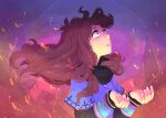  1girl artist_name black_sclera brown_hair colored_sclera commentary crying crying_with_eyes_open embers english_commentary eyelashes fingernails floating_hair joypandaah kurashiki_akane kyokugen_dasshutsu kyokugen_dasshutsu:_9_jikan_9_nin_9_no_tobira layered_sleeves lips long_hair long_sleeves purple_eyes second-party_source short_over_long_sleeves short_sleeves solo spoilers tears zero_(kyokugen_dasshutsu) 