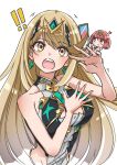  ! !! 2girls blonde_hair breasts chibi chibi_inset collarbone commentary_request earrings heart highres jewelry large_breasts long_hair multiple_girls mythra_(xenoblade) open_mouth pyra_(xenoblade) sofusan1526 teeth tiara upper_teeth_only white_background xenoblade_chronicles_(series) xenoblade_chronicles_2 yellow_eyes 